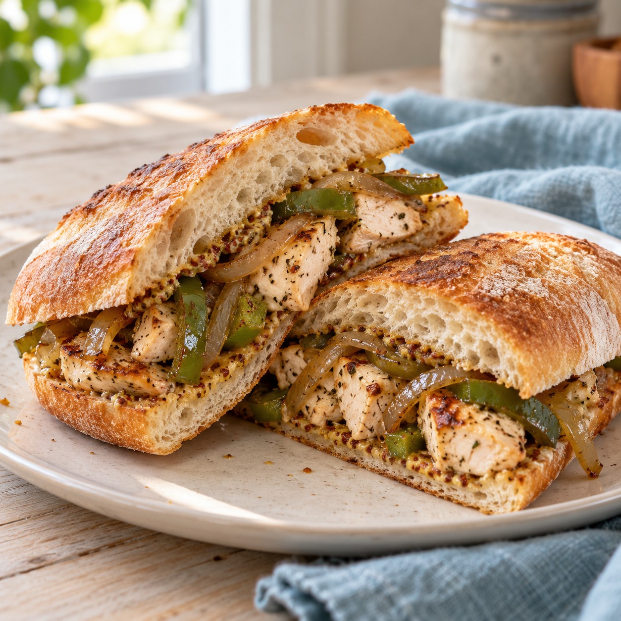 Toasted ciabatta sandwich filled with chicken pieces, sautéed onions, green bell peppers, and stone-ground mustard.
