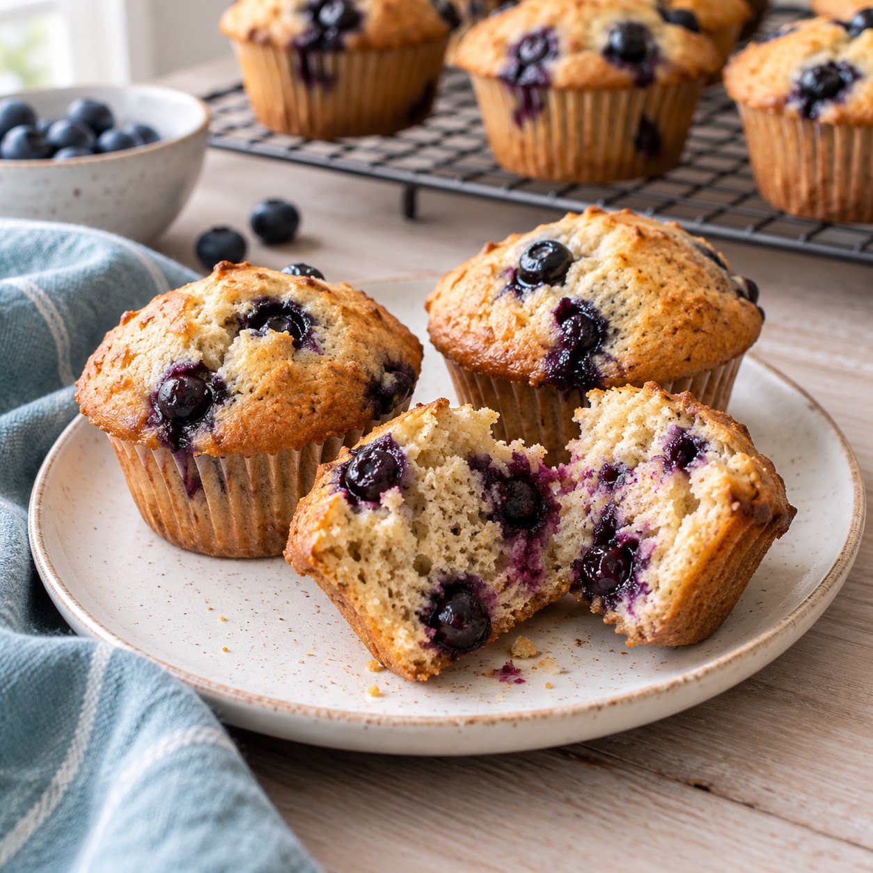 Golden blueberry muffins on a cream plate, with one split open to show the berries and crumb.