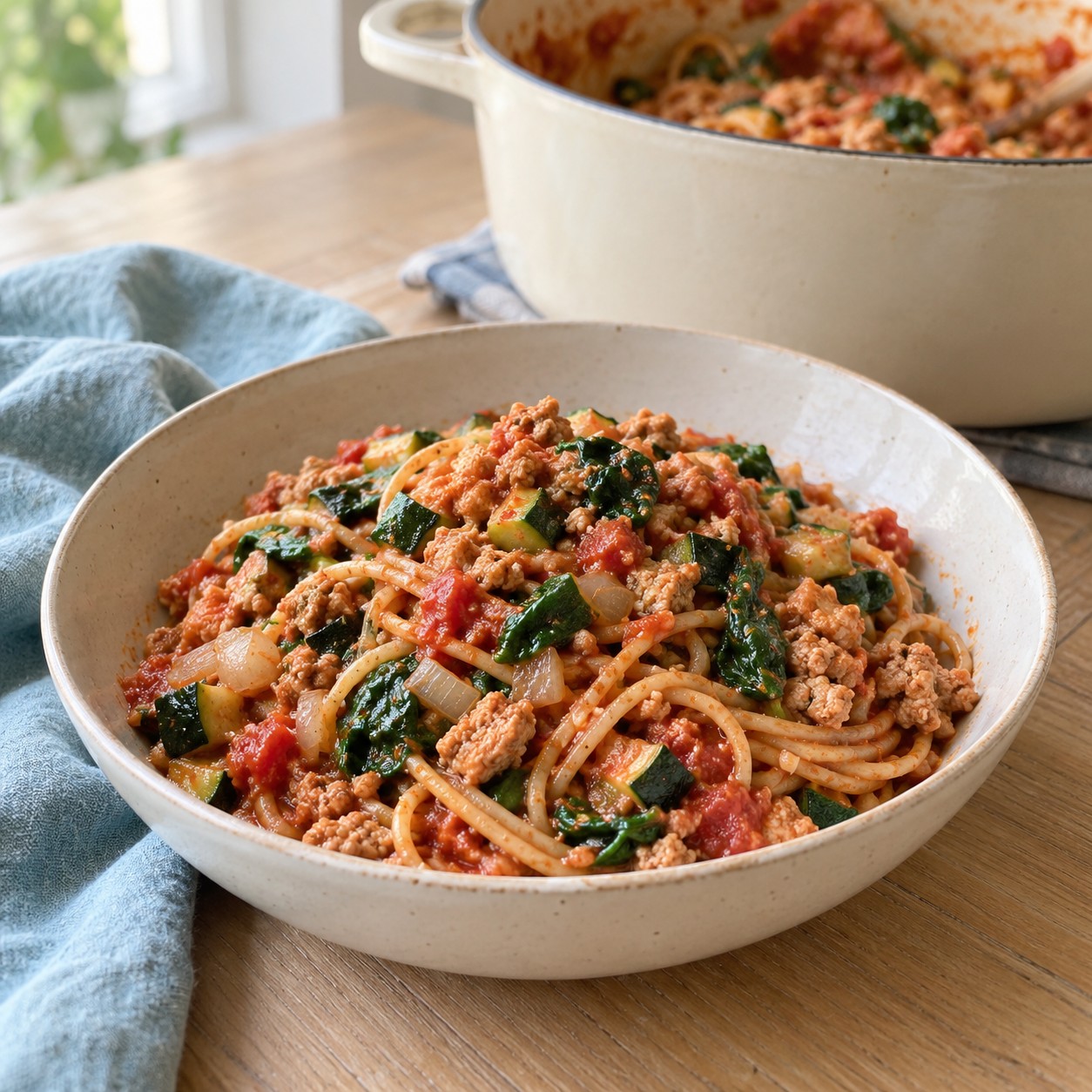 A bowl of tomato spaghetti with ground turkey, zucchini, onion, and spinach, with the cooking pot behind it.